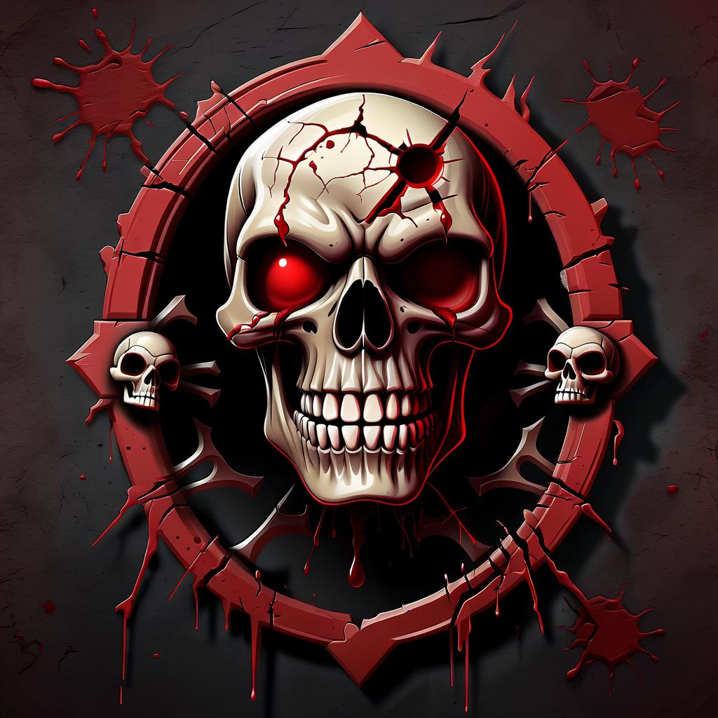  horror themed emblem, skull , red with crack and smile, blood on the skull, stalker, eye frame . eerie, unsettling, dark, spooky, suspenseful, grim, highly detailed