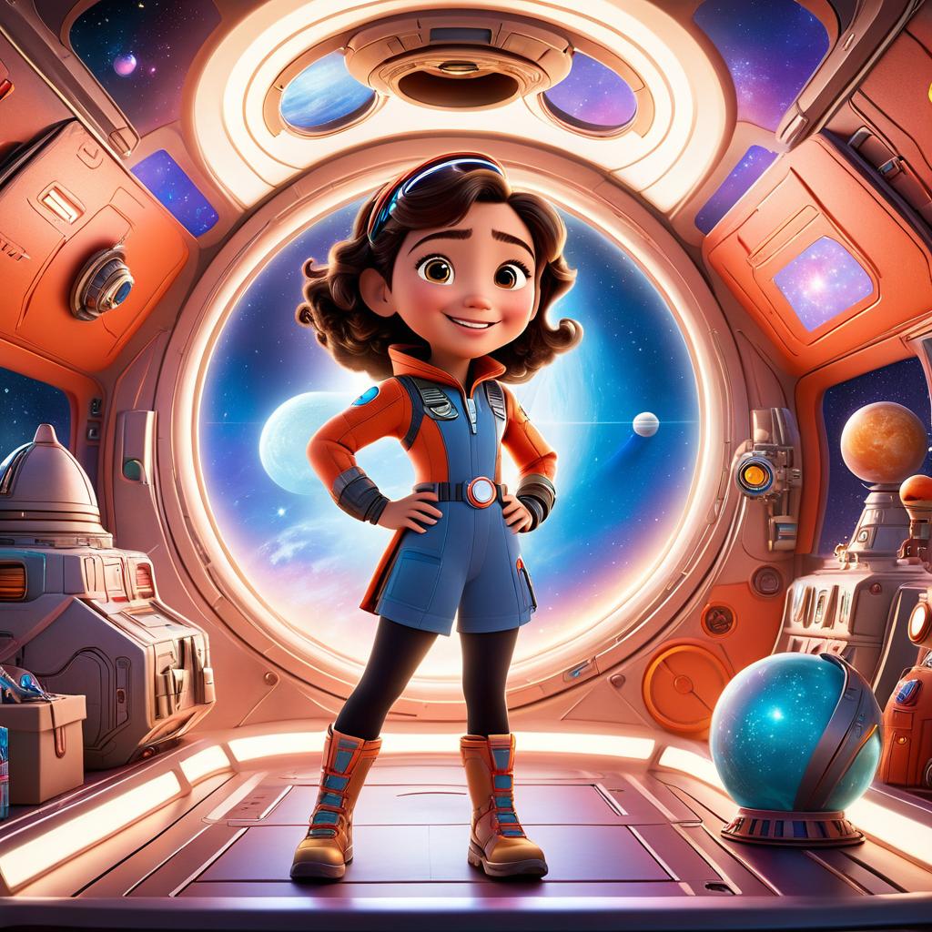  in 3d animated movie style. disney pixar style. lily, , a vint and creative , crafting a spaceship from cardboard boxes with colorful controls. attired in space adventure clothes, she exudes enthusiasm with bright eyes and a joyful smile. alongside her, mercury, ancient year, radiates wisdom and mystery, dressed in ancient regal garments. the scene unfolds in a high resolution pixar 3d animated film style, capturing their space journey. bright, soft lights illuminate space, emphasizing the fiery hues of mercury. dynamic composition from inside lily's spaceship, gazing towards mercury, evokes a sense of wonder and adventure.