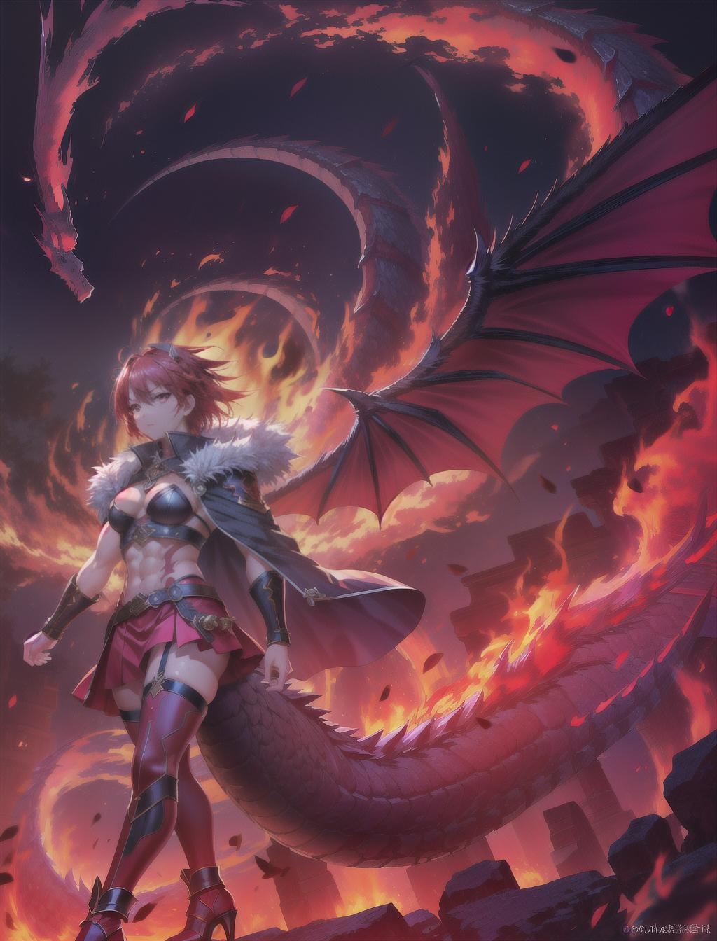  masterpiece, best quality, solo, muscular, warrior, red flaming eyes, wild, fiery hair, angry, riding dragon, thigh high heels, skirt, demon wings, tattoos