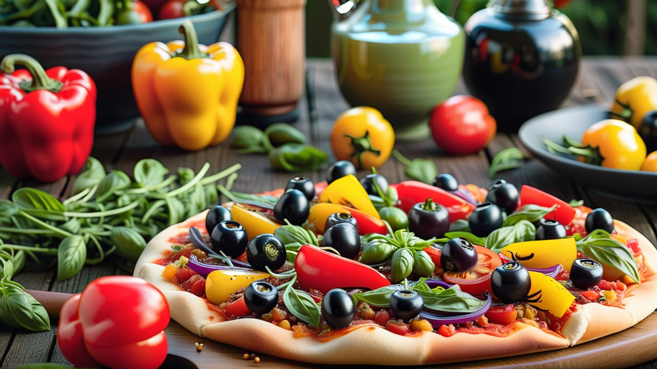  a vibrant vegan pizza topped with colorful bell peppers, fresh basil, olives, and a drizzle of balsamic glaze, set against a rustic wooden table with a side of mixed greens and cherry tomatoes. hyperrealistic, full body, detailed clothing, highly detailed, cinematic lighting, stunningly beautiful, intricate, sharp focus, f/1. 8, 85mm, (centered image composition), (professionally color graded), ((bright soft diffused light)), volumetric fog, trending on instagram, trending on tumblr, HDR 4K, 8K