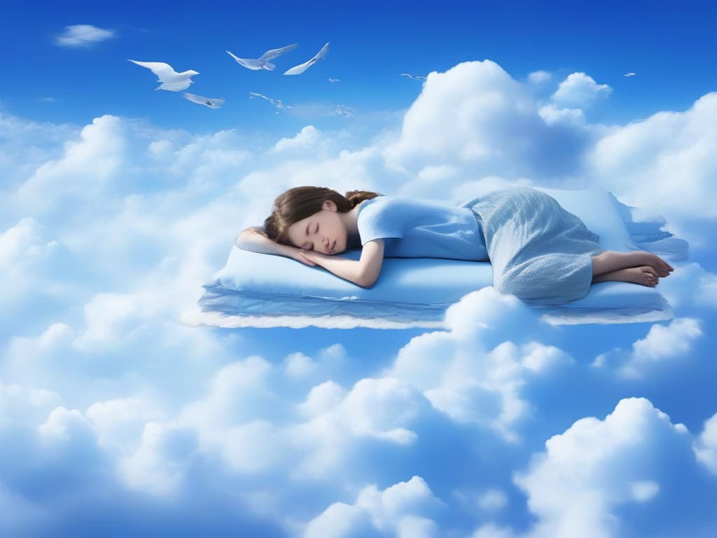  blue sky, on the clouds, one girl, innocent, sleeping, cloud bed