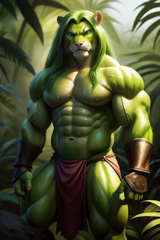  Cat Fursona, Male, Huge Muscles, Abs, Lime green fur, Lime Green disheveled long hair, Bright green eyes, Loin cloth, Wrist gauntlets, sweaty, dirty, Jungle, Angry stare., open eyes, masterpiece, 4k, fine details,