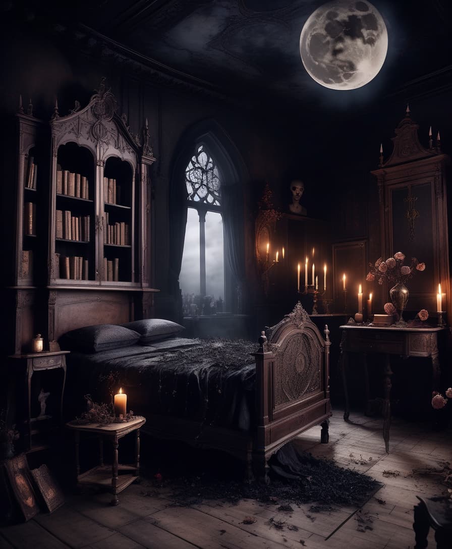  gothic style the dark room. wooden furniture in classic style. dried flowers. old books. burns. web and dust. no lighting. the moon's outside. bed . dark, mysterious, haunting, dramatic, ornate, detailed