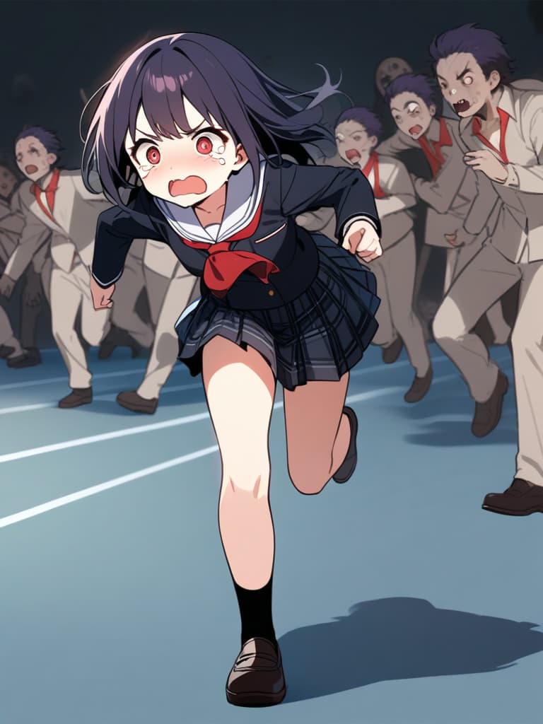  ultra detailed:1.2,masterpiece:1.2,best quality,masterpiece,bestquality,hdr:1.1,8k:1.1,very cute girl:1.3,(dark purple hair:1.3)(black school uniform,red ascot:1.4)((from front,full body:1.4))((running at school:1.6)),(scared,tears:1.3),(being chased by zombies:1.4)