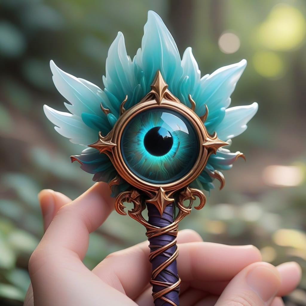  dreamscape battle staff, cursed rod, elemental magic, mystic hand, eyes, sorcerer rpg class minimal badge . surreal, ethereal, dreamy, mysterious, fantasy, highly detailed, sticker