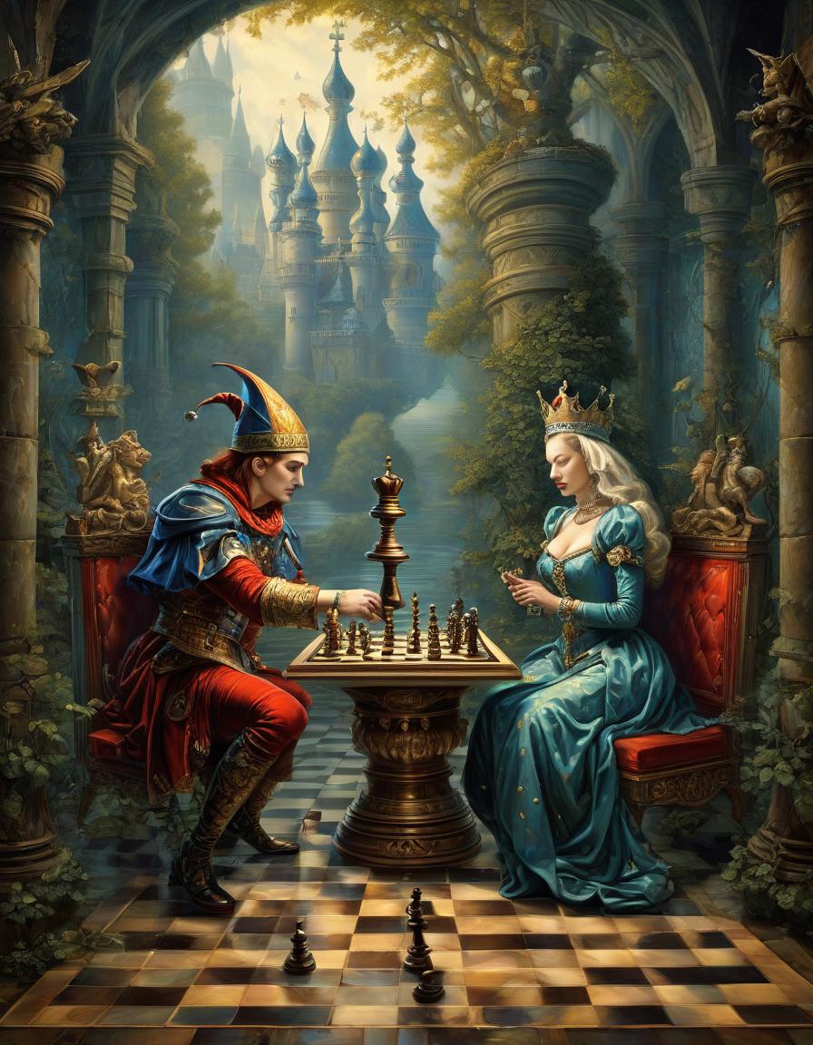  illustration, the jester and the queen play chess, in the style of michael cheval, metaphorical literary plot, surrealism, absurd combination of space, inverted reality, land of illusions, fantasy, hallucinations