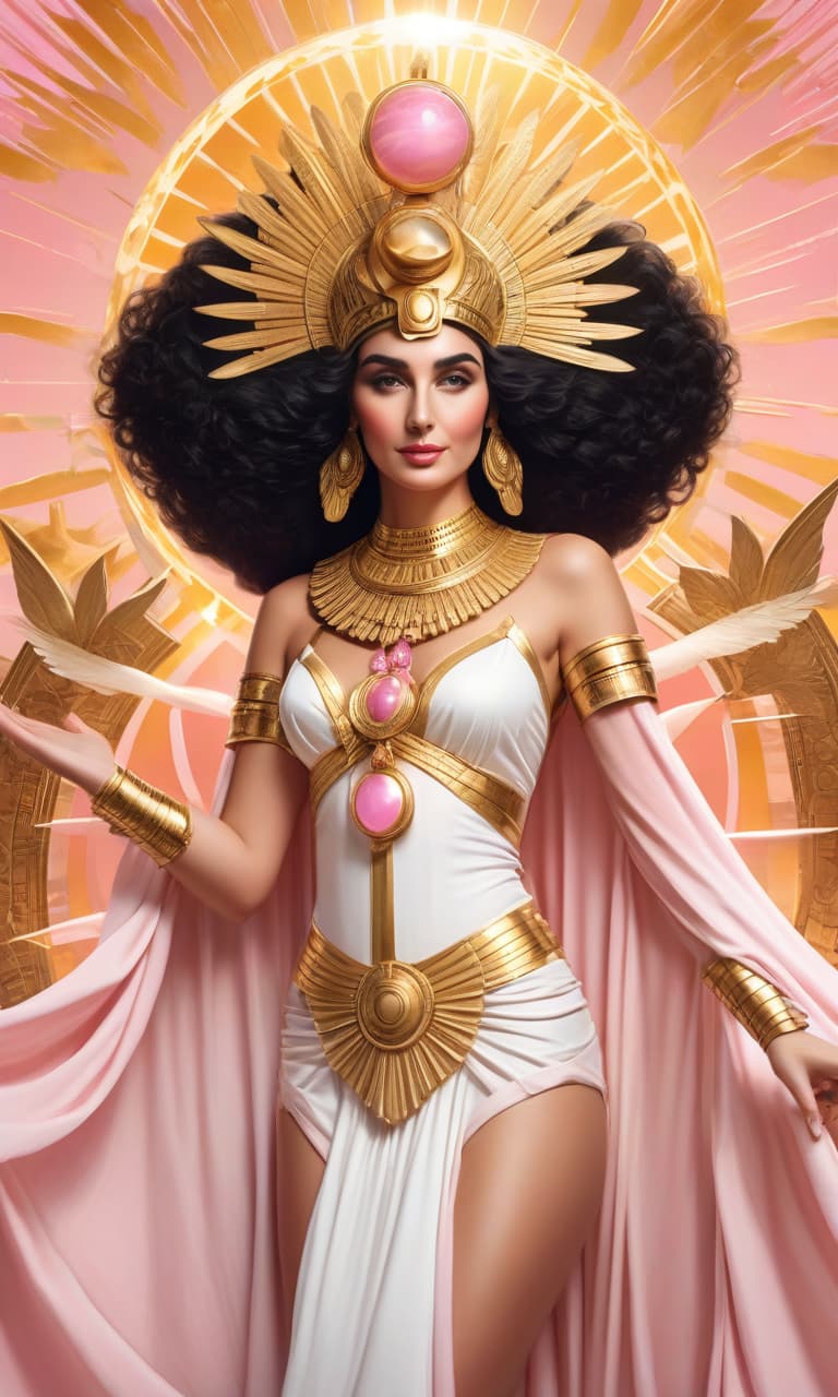  concept art color pink, white, black, gold cleopatra holds a huge sun in her hands . digital artwork, illustrative, painterly, matte painting, highly detailed, perfect hands