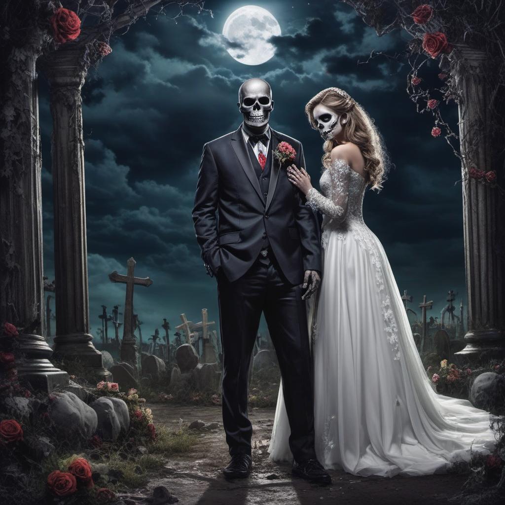  a zombie wedding skeletons moonlight graveyard dark heart with jimmy and danielle written inside the heart, profile image style