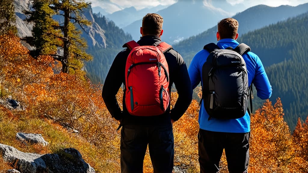  men with backpacks in the mountains, autumn ar 16:9 {prompt}, maximum details