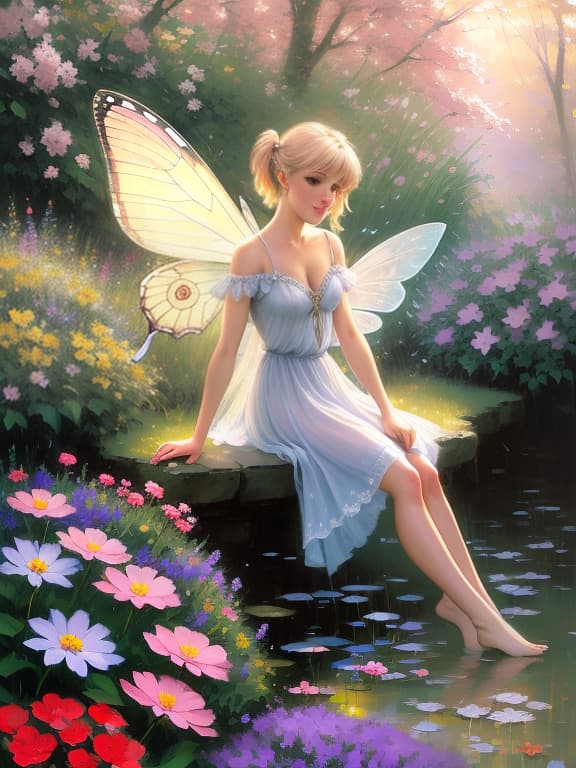  (pixie fairy: 1.7)nymph hovers like a butterfly over flowers, (rough brush strokes: 1.5), [soft impressionist brush strokes:1.2], blinding light, canvas texture, muted colors, by brent heighton, by richard schmid