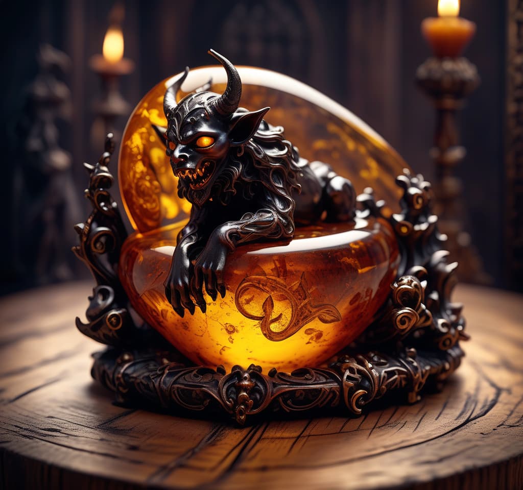  gothic style amber. amber lies on a wooden surface. there is a small figure of a demon inside the amber. hight detailed. hdr . dark, mysterious, haunting, dramatic, ornate, detailed