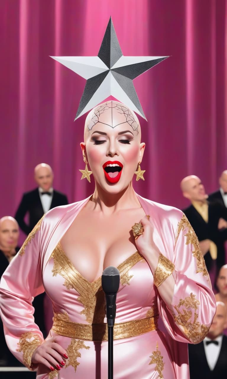  concept art pink, gold, black, white on stage, a bald woman performs red lips. there's a star on her head . digital artwork, illustrative, painterly, matte painting, highly detailed, perfect hands