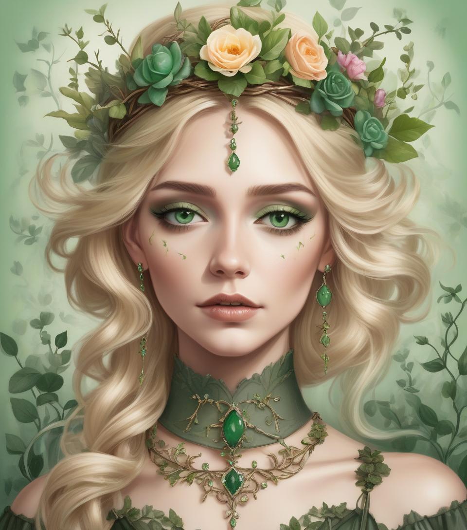  (photorealism:1.2), beautiful blonde woman in a victorian style dress, green on top and brown on the bottom, with beautiful flowers on top and vines around it, a jade green necklace and a crown of beautiful flowers and thorns, with makeup inspired by nature