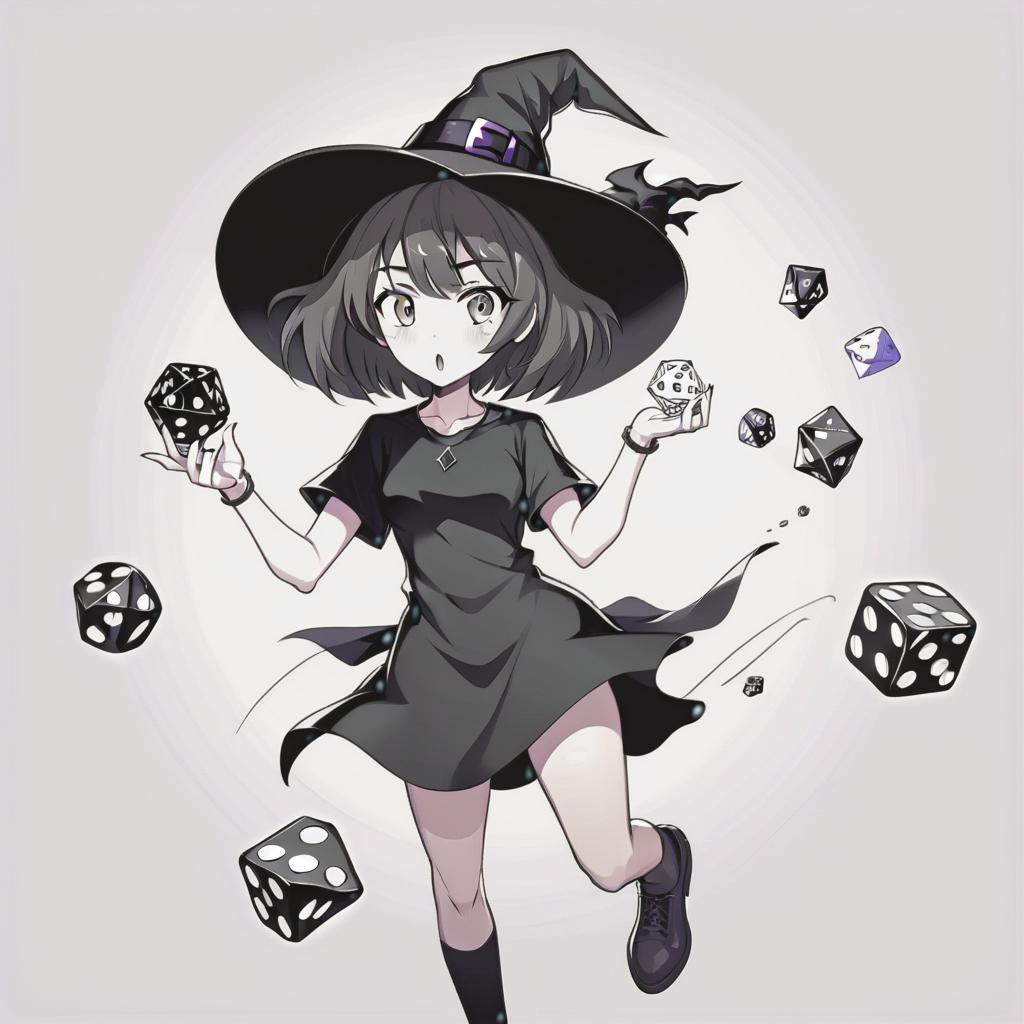  line art drawing girl in t shirt and black dress, with short hair, witch hat, throwing dice, same nightmare. anime style . professional, sleek, modern, minimalist, graphic, line art, vector graphics