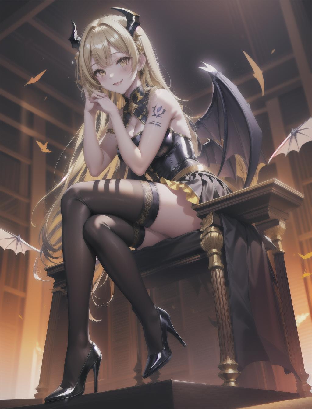  masterpiece, best quality, solo, pale, thin, shy dark yellow, blonde long curvy hair, faint scars, thigh high heels, skirt, demon wings, tattoos, envious, crazy smile, throne