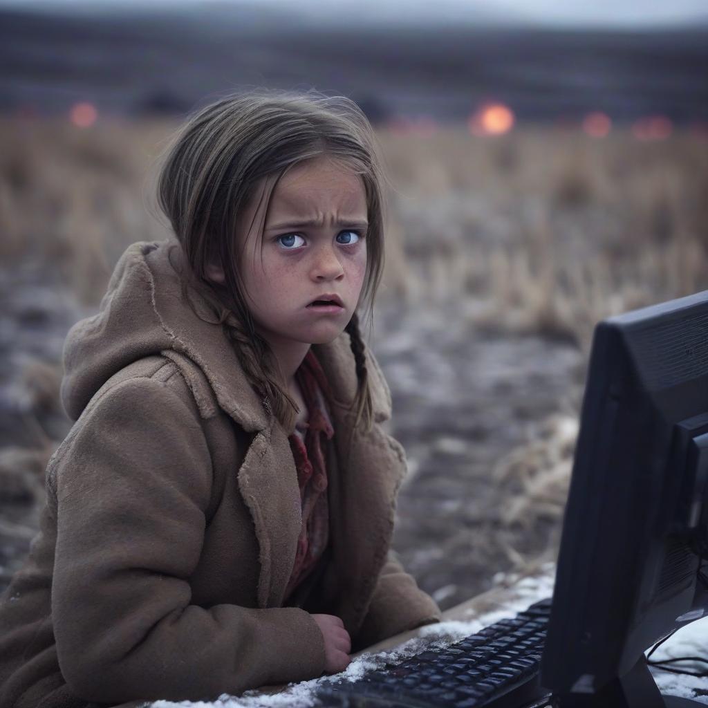  cinematic film still girl pithecanthrope. busy at the computer. dutifully looking into the eyes. troubled person. little clothes. cold and blizzard. mammoth in the background. flaming field. . shallow depth of field, vignette, highly detailed, high budget, bokeh, cinemascope, moody, epic, gorgeous, film grain, grainy