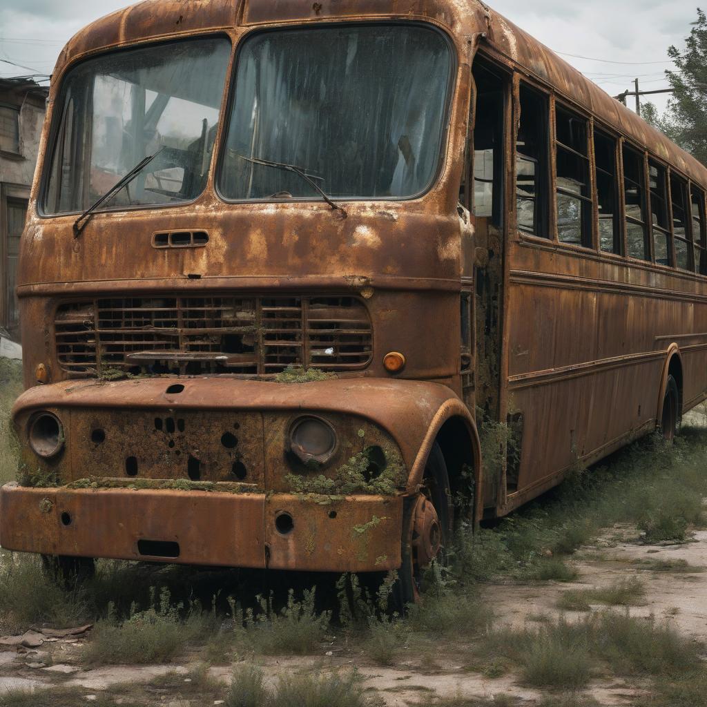  a riddled, rusting bus on the streets of an abandoned town.