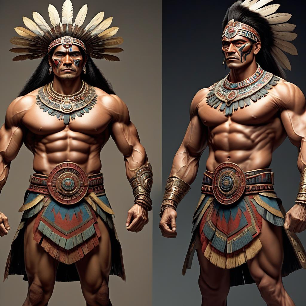  visualization of power as a person, full height, characteristic power posture, characteristic power physique, characteristic power facial expression, characteristic power hairstyle, characteristic power dress, male character, aztec style, mature age