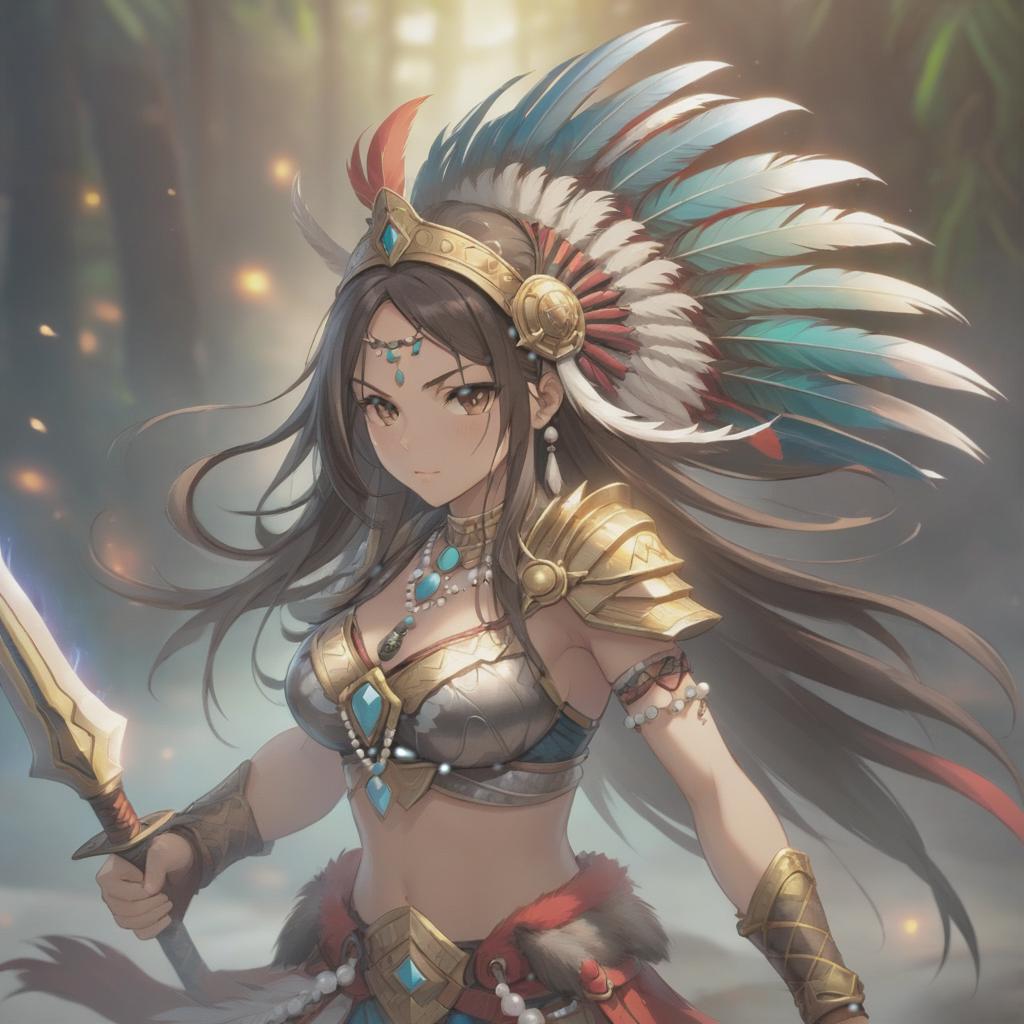  long exposure photo of portrait of rage strong amazonas warrior, long hair, tilting head down, shoulder pad feather, accessory necklace with pearls on the forehead, hight quality, 8k, unreal engine 5 . blurred motion, streaks of light, surreal, dreamy, ghosting effect, highly detailed, sticker, hkmagic