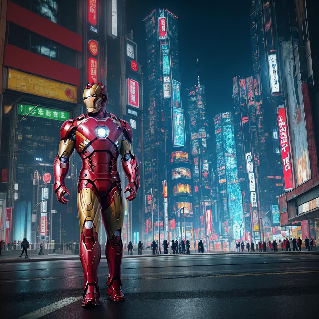  masterpiece, best quality, Best quality, masterpiece, 8k resolution, realistic, highly detailed, close up of Iron Man. In a cyberpunk-style night scene of the city, he stands on a street lined with tall buildings. The city's night lights are bright, The surrounding buildings and streets are filled with cyberpunk elements such as neon lights, high-tech devices, and futuristic architectural designs.