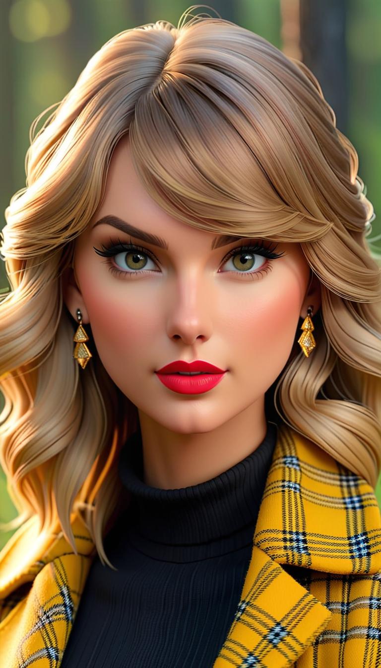  professional 3d model of taylor swift wearing black and yellow plaid . rendered with octane, the model is highly detailed,dramatic lighting. hyperrealistic, full body, detailed clothing, highly detailed, cinematic lighting, stunningly beautiful, intricate, sharp focus, f/1. 8, 85mm, (centered image composition), (professionally color graded), ((bright soft diffused light)), volumetric fog, trending on instagram, trending on tumblr, HDR 4K, 8K