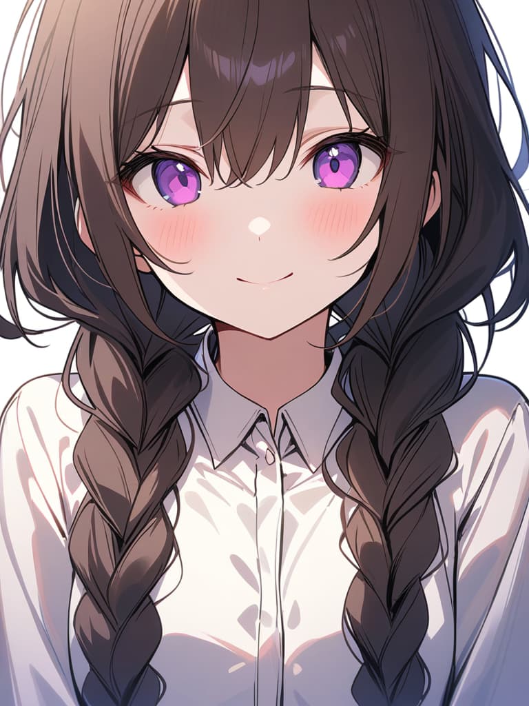  ultra detailed:1.2,masterpiece:1.2,best quality,masterpiece,bestquality,hdr:1.1,8k:1.1,very cute girl:1.3,((from front,looking at viewer:1.3)),((brown hair,a lot of braids:1.6))(smile:1.3),(face focuse:1.3),(upper body:1.4),(purple eye:1.4),(white background color:1.4)