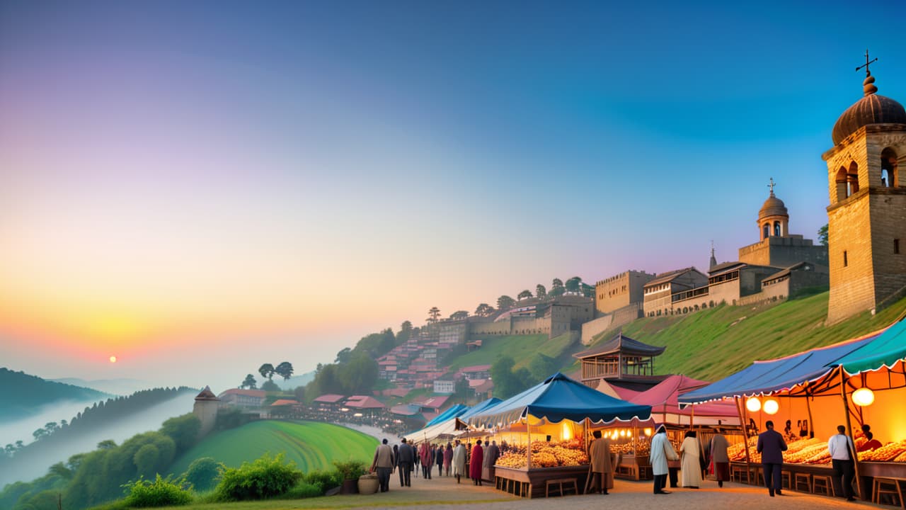  a vibrant market scene showcasing traditional crafts, ancient architecture, diverse cultural performances, historical monuments, and local cuisine, all set against a backdrop of rolling hills and a clear blue sky, inviting heritage tourism exploration. hyperrealistic, full body, detailed clothing, highly detailed, cinematic lighting, stunningly beautiful, intricate, sharp focus, f/1. 8, 85mm, (centered image composition), (professionally color graded), ((bright soft diffused light)), volumetric fog, trending on instagram, trending on tumblr, HDR 4K, 8K