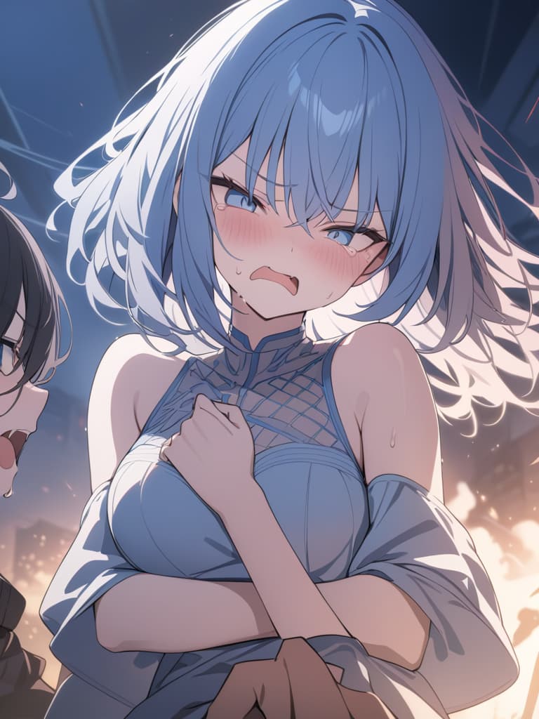  light blue hair, light blue eye, bob hair, darkness, hatred, angry crying, night, the end of the world, shouting, masterpiece, best quality,8k,ultra detailed,high resolution,an extremely delicate and beautiful,hyper detail