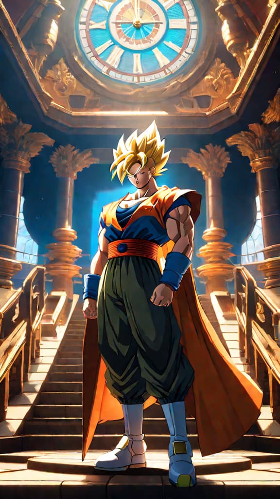  an anime art of the hyperbolic time chamber from dragon ball explaining its time manipulation. hyperrealistic, full body, detailed clothing, highly detailed, cinematic lighting, stunningly beautiful, intricate, sharp focus, f/1. 8, 85mm, (centered image composition), (professionally color graded), ((bright soft diffused light)), volumetric fog, trending on instagram, trending on tumblr, HDR 4K, 8K