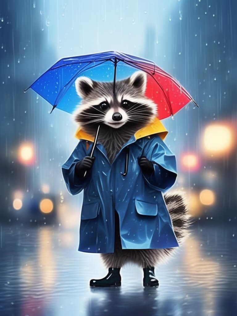  {((super cute raccoon dog in raincoat & boots,holding umbrella))} city center buildings in heavy rain (blur effect)} super detailed,high resolution,absurd,adopted,