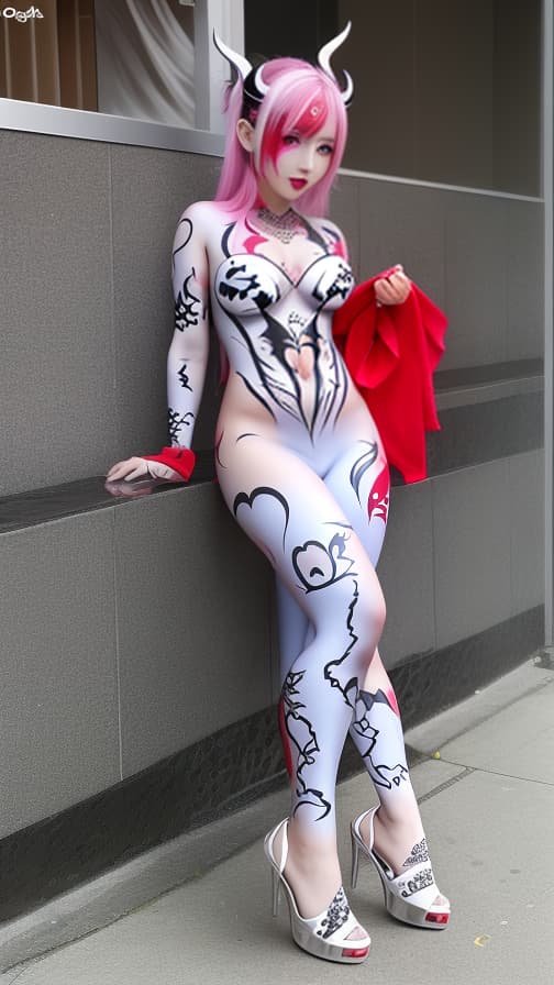  Full body red flame pattern body paint, Silver body paint on the whole body, Silver face paint on the face, succubus 女性