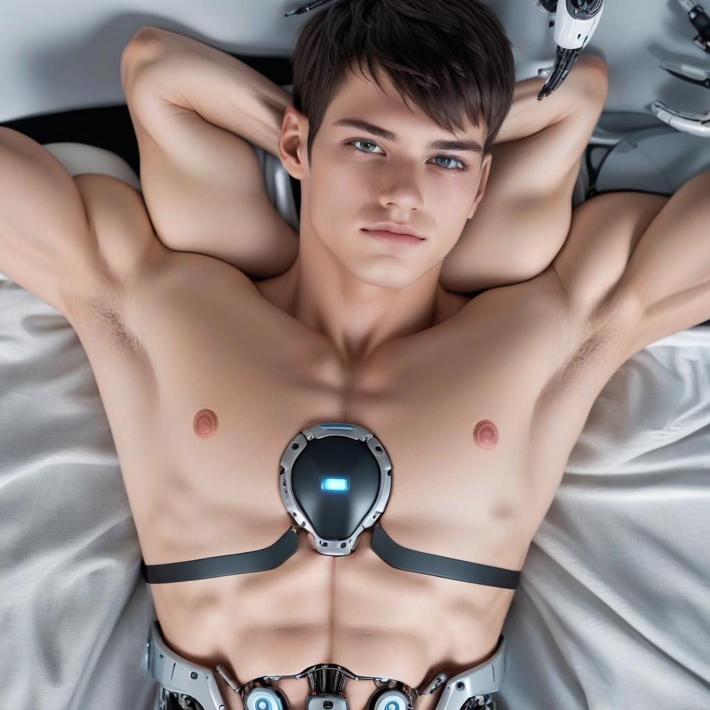  young guy, brunette, cyborg, robotic body parts