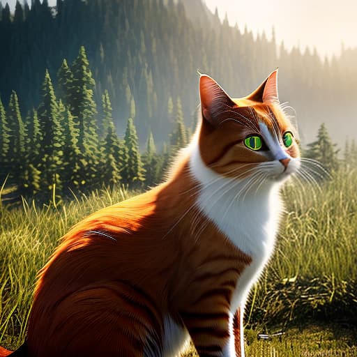 redshift style Cat with man hyperrealistic, full body, detailed clothing, highly detailed, cinematic lighting, stunningly beautiful, intricate, sharp focus, f/1. 8, 85mm, (centered image composition), (professionally color graded), ((bright soft diffused light)), volumetric fog, trending on instagram, trending on tumblr, HDR 4K, 8K