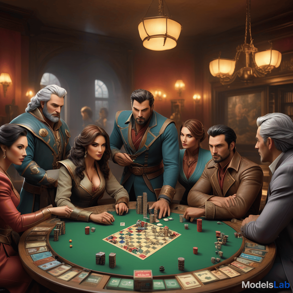  concept art a company of 8 people plays board games . digital artwork, illustrative, painterly, matte painting, highly detailed, hkmagic hyperrealistic, full body, detailed clothing, highly detailed, cinematic lighting, stunningly beautiful, intricate, sharp focus, f/1. 8, 85mm, (centered image composition), (professionally color graded), ((bright soft diffused light)), volumetric fog, trending on instagram, trending on tumblr, HDR 4K, 8K