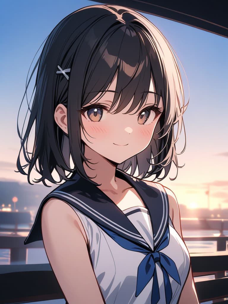  ultra detailed:1.2,masterpiece:1.2,best quality,masterpiece,bestquality,hdr:1.1,8k:1.1,very cute girl:1.3,((off center part hair,black hair:1.5))((hair clip:1.3))(from front,upper body:1.3)(face focus:1.2),(sailor sundress:1.2)(smile:1.3)