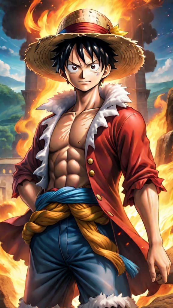  anime art: luffy's unwavering spirit and d. lineage intertwined with celestial prophecy in one piece. hyperrealistic, full body, detailed clothing, highly detailed, cinematic lighting, stunningly beautiful, intricate, sharp focus, f/1. 8, 85mm, (centered image composition), (professionally color graded), ((bright soft diffused light)), volumetric fog, trending on instagram, trending on tumblr, HDR 4K, 8K