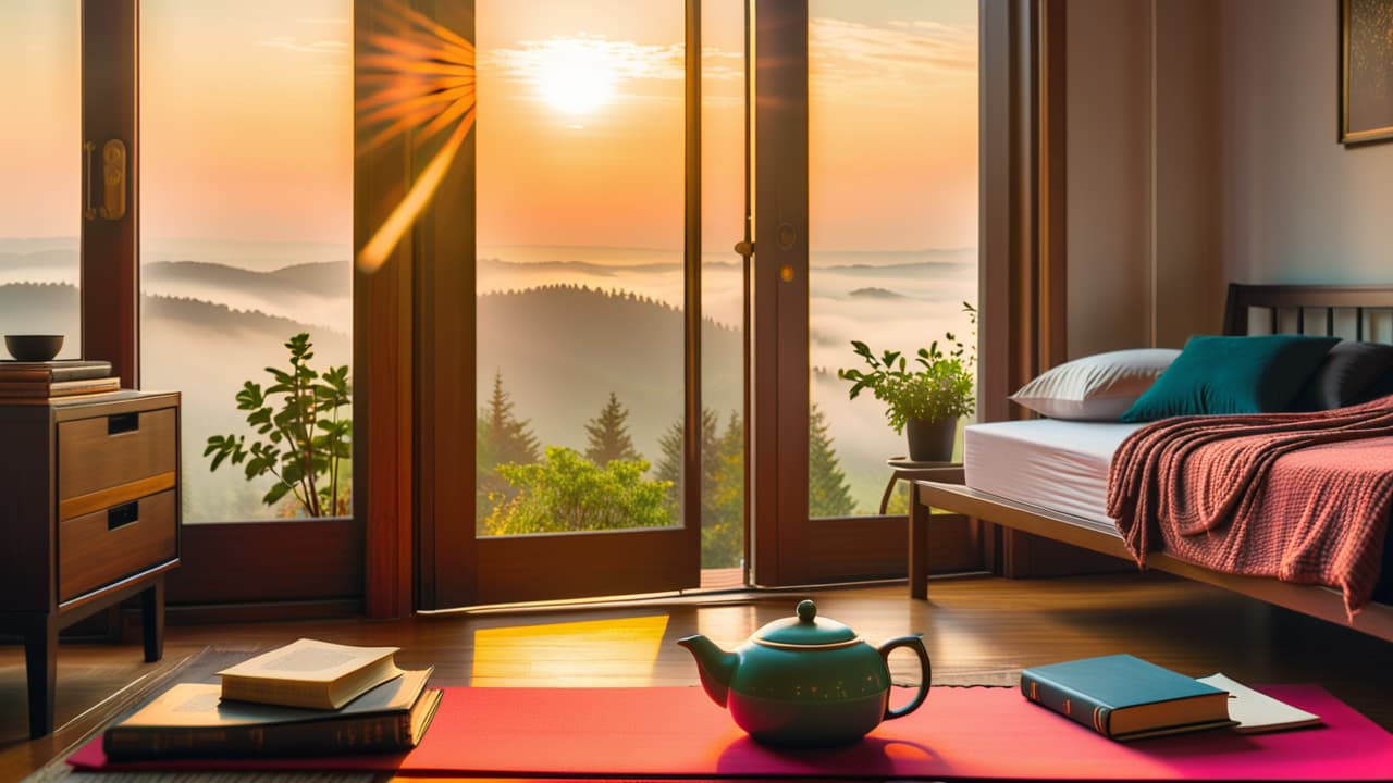  a serene morning scene featuring a sunlit bedroom with an open window, a yoga mat on the floor, a journal and pen on a bedside table, and a steaming cup of tea beside a sunrise. hyperrealistic, full body, detailed clothing, highly detailed, cinematic lighting, stunningly beautiful, intricate, sharp focus, f/1. 8, 85mm, (centered image composition), (professionally color graded), ((bright soft diffused light)), volumetric fog, trending on instagram, trending on tumblr, HDR 4K, 8K