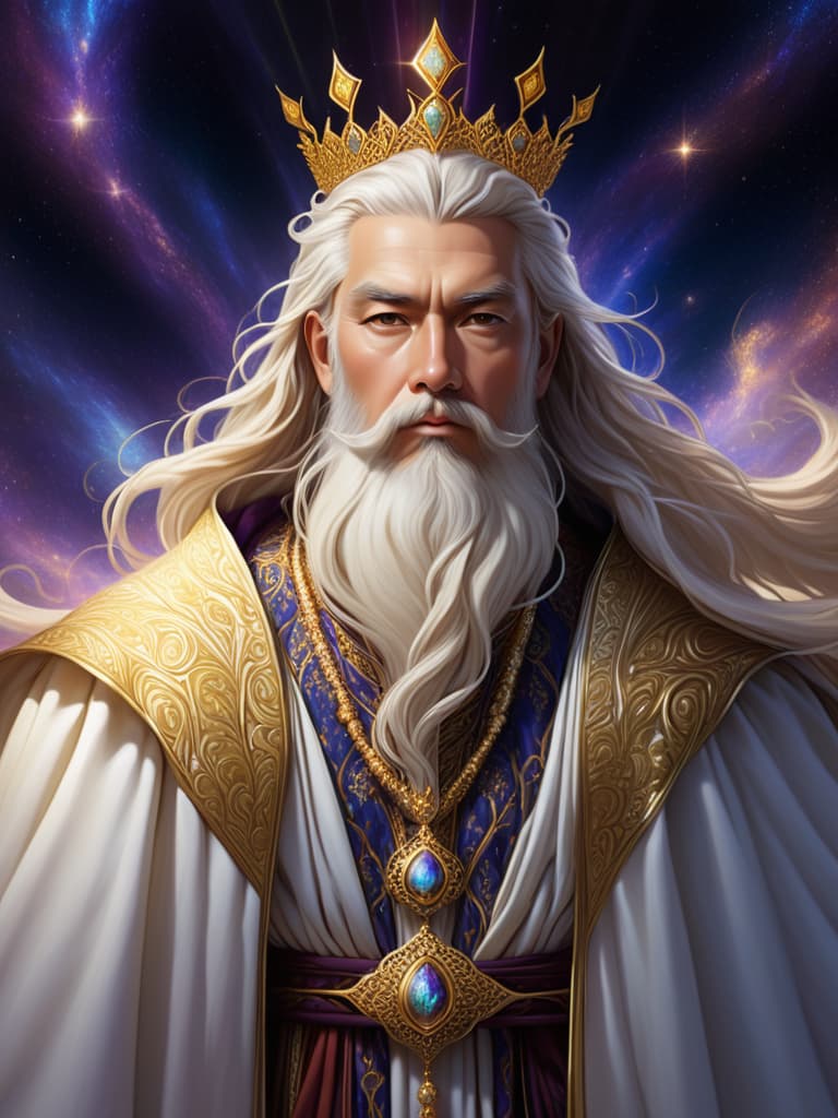  celestial emperor, 1 male, wise and regal face, solo, male focus, long white beard, elaborate golden crown, flowing imperial robes, portrait, calm and authoritative expression, looking at viewer, realistic, closed mouth, close up, intricate robe patterns, glowing aura, dark cosmic background, divine presence