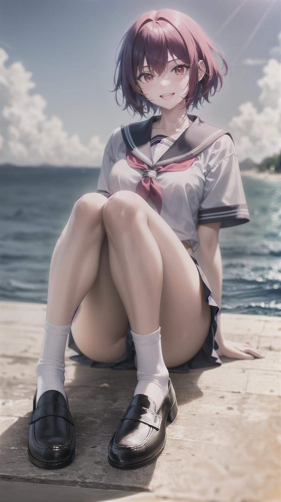  master piece , best quality,i am a girl. i have red hair. my hairstyle is asymmetrical. it's a short cut. i have a very cute face. i have big red eyes. i have prominent canine teeth. i am always smiling. i am wearing a sailor uniform. the background is the sea. it's a full body illustration. i am wearing loafers and socks. i have a very youthful face. i am short.