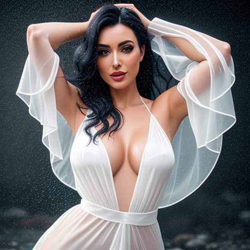  beautiful turkish woman with long black hair dancing happily in torrential rain wearing a sheer white gossamer silk silk dress with a daring plunging neckline and getting completely soaked and clinging to her body hyperrealistic, full body, detailed clothing, highly detailed, cinematic lighting, stunningly beautiful, intricate, sharp focus, f/1. 8, 85mm, (centered image composition), (professionally color graded), ((bright soft diffused light)), volumetric fog, trending on instagram, trending on tumblr, HDR 4K, 8K