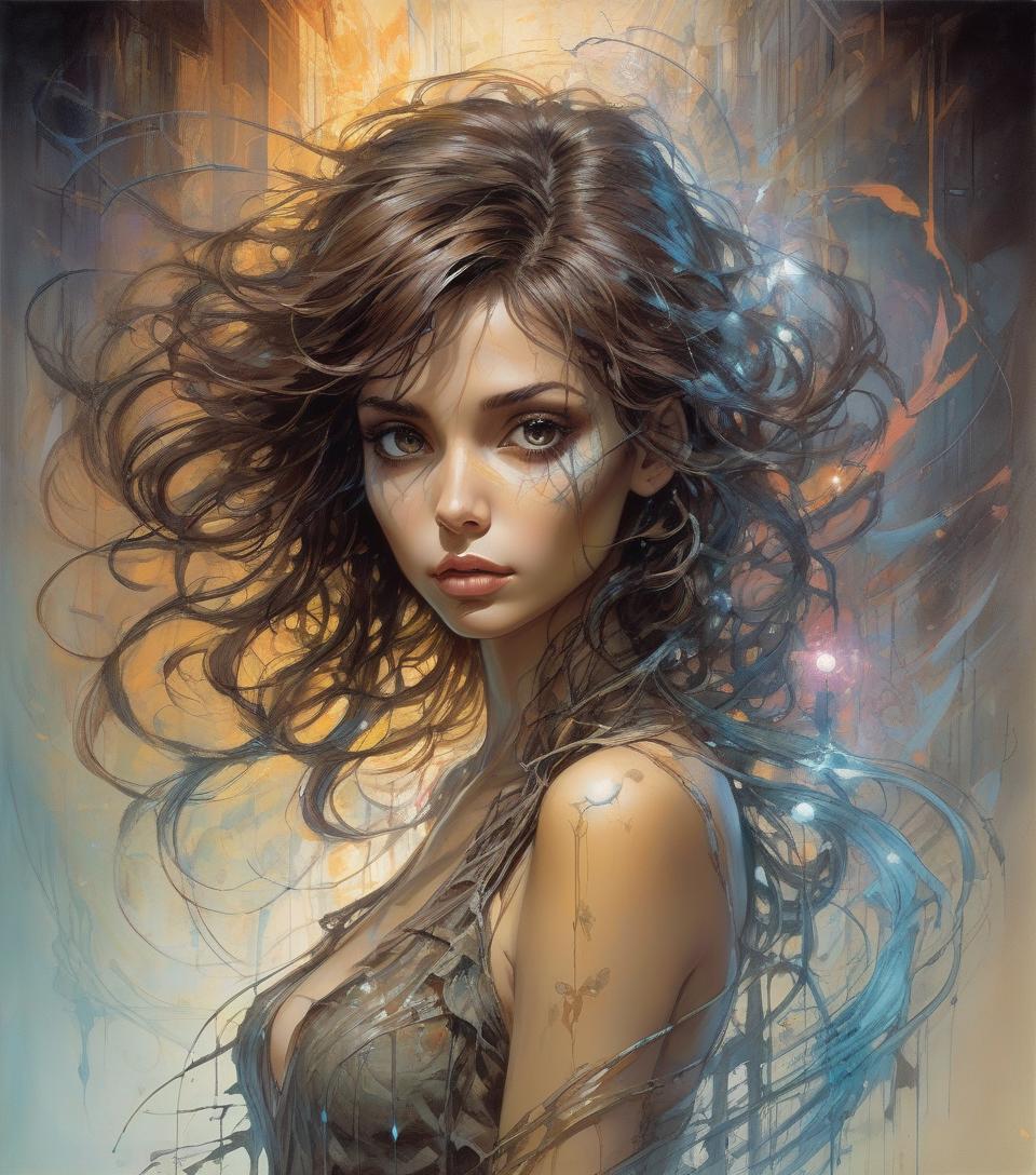  a beautiful girl, dark brown eyes, messy shoulder length hair, in a surreal and fantastical setting, combining the artistic styles of jose royo, boris vallejo, julie bell, carne griffiths and brian froud, precise anatomy, with a centered symmetrical composition , double exposure, volumetric lighting, detailed ink splashes, art deco style, comic book style art, vector, line art, rays, bright color highlights