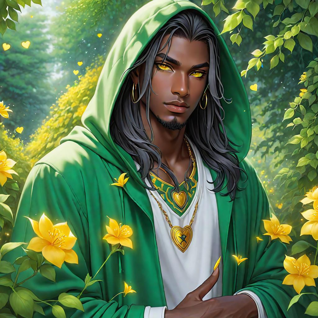  anime art very beautiful, male, dark black skin man, bright yellow eyes, hooded eyes, long hair, green dreads, plump lips, sharp angled eyebrows, roman nose, pointed ears, piercings, heart shaped face, green vine tattoos, flowers in hair, lean figure, long legs, fireflies, pollen, black and gold basket ball jersey, basketball court., award winning, professional, highly detailed, masterpiece