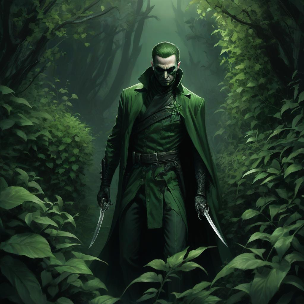  a sinister assassin standing in the bushes and pouring his dagger from a bottle of green poison