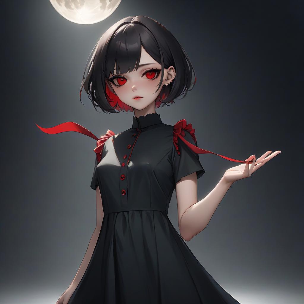  a of medium height, dark short hair, the right eye is green, and the left one is brown blue, dressed in a black dress with red shades, just below the , with a short plume slightly missing to heels, scarlet skin color, four fingers on her hands, a formidable look. holds a huge id, taller than itself and with the same long blade, a thin white thread is wound on the handle, a dark room, moonlight comes from the ceiling