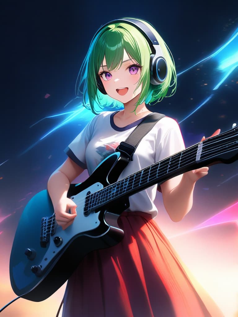  1girl,18yo,(((high school girl))),(((playing with an electric guitar:1.35))),green hair,short hair,purple eyes,headphone,very loud laugh,(((happy pose))),(((metallic focus))),music note effect,realistic