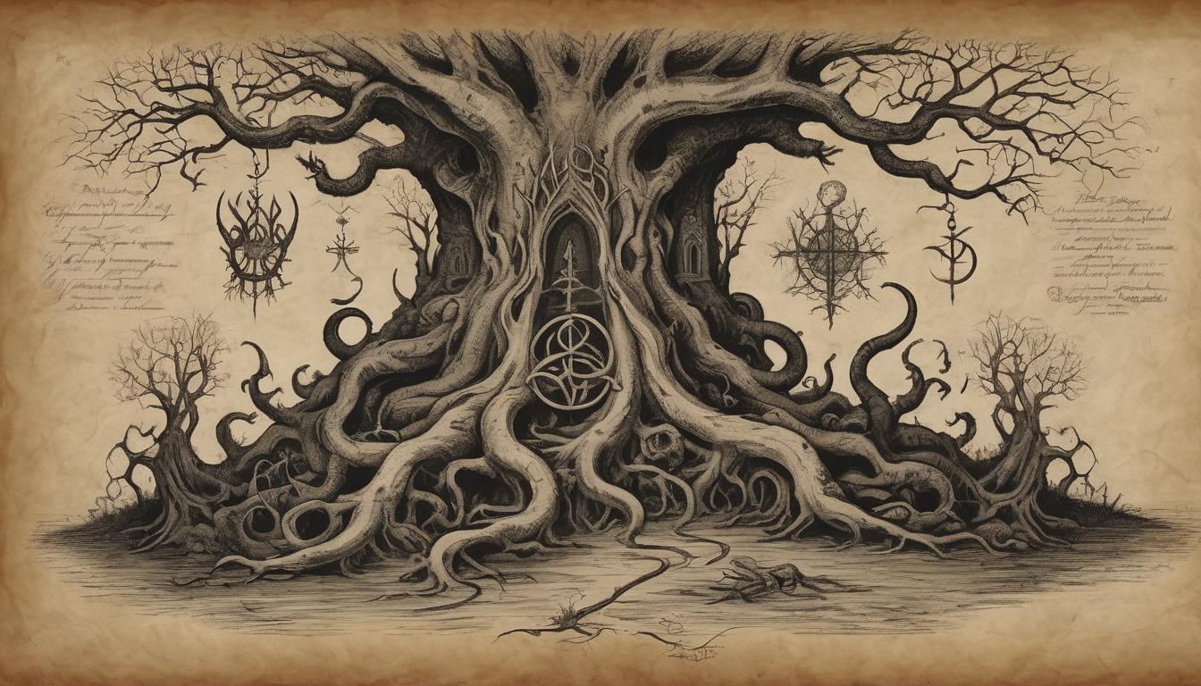  on parchment, surrealism++, eldritch throne made of twisted roots and ancient symbols, vacant, surrounded by dark, gnarled trees, shadowy figures lurking in the background, sinister allure(mysterious, provocative, symbolic)++