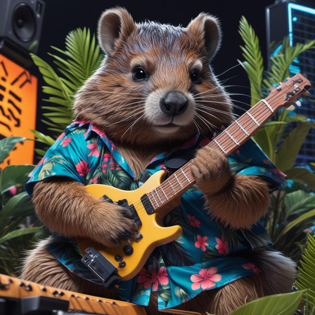  fat beaver in hawaiian shirt playing a guitar , cyberpunk style