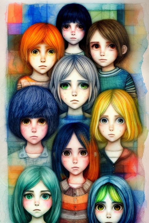  This difficulty of ours in looking at others and accepting their challenging difference!!! In a illustration portrait painting with many people of different genders and shapes textures. Blue, green-blue, light yellow and orange colors, inspired by Nicoletta Ceccoli, Lucy Campbell, Claudia Giraudo, Ozabu, Sofia Bonati, Amahi MORI,