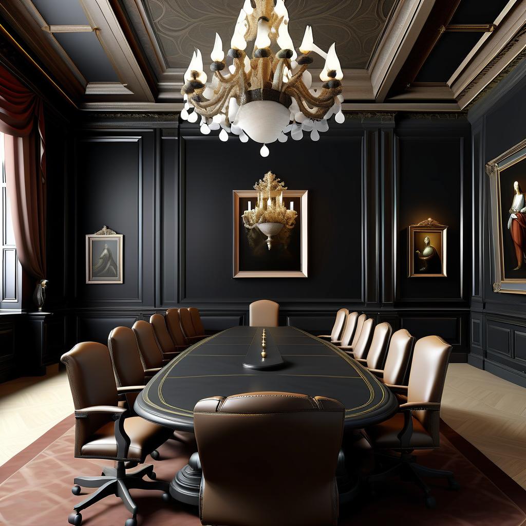  an empty expensively decorated renaissance style boardroom with black walls