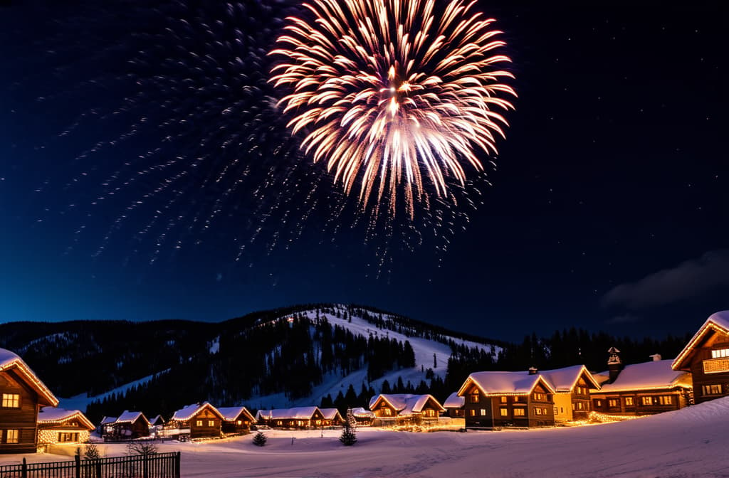  professional detailed photography, fireworks illuminating a snowy mountain village decorated for christmas, ski slopes in the background, festive and adventurous, wide angle ar 3:2, (muted colors, dim colors, soothing tones), (vsco:0.3)